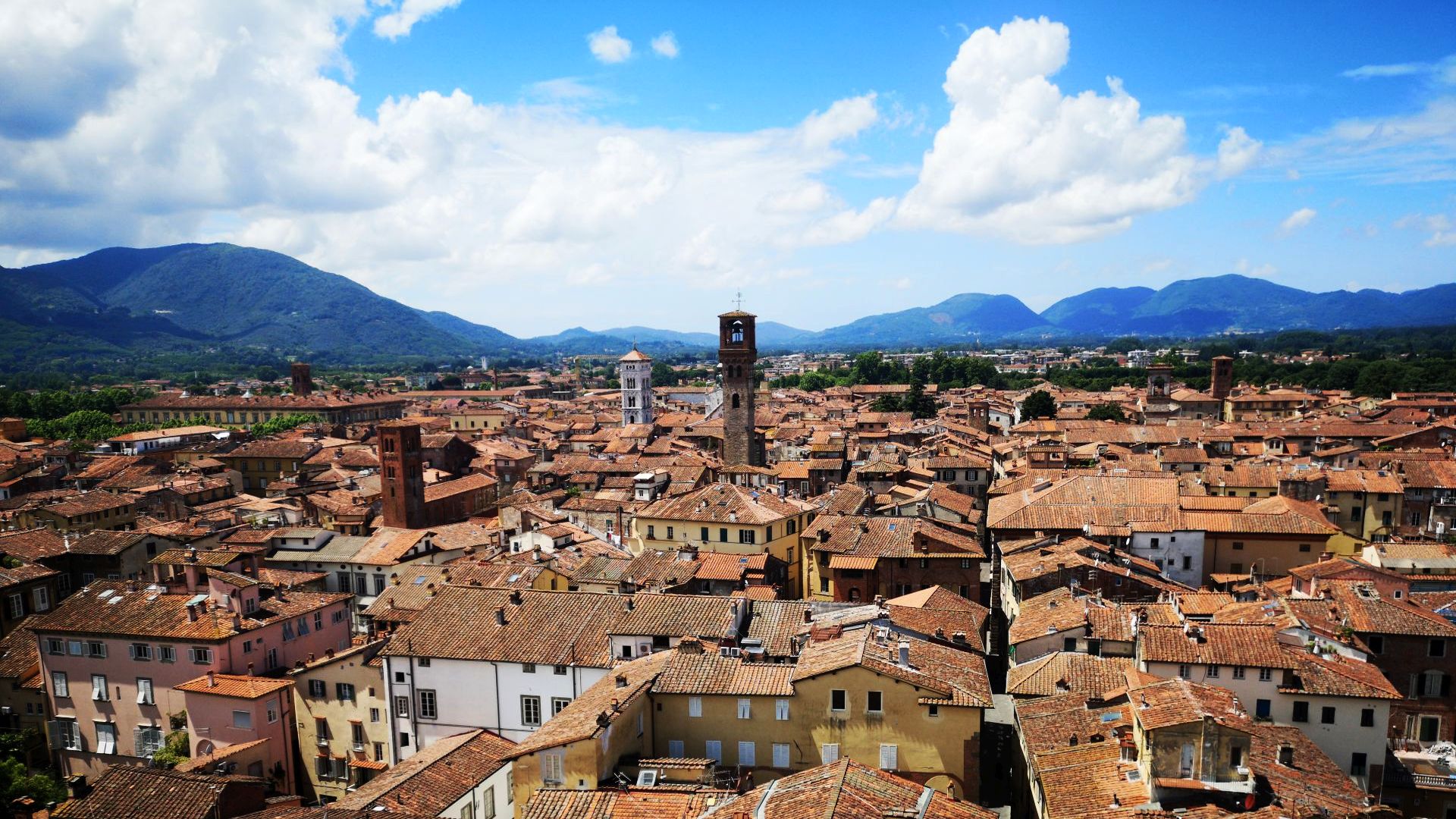 Panorama dei tetti di Lucca dalla torre Guinigi con la torre delle Ore e il campanile di San Michele. Sul fondo il Monte Pisano e le colline