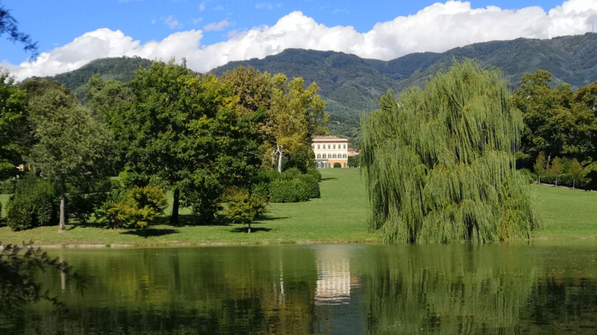 Parco della villa reale di marlia. In primo piano il laghetto in cui si specchia la villa e poi il prato fiancheggito da alberature dietro el quali si intravede la villa. SUl fondo le coline lucchesi e l'altopiano delel Pizzorne.