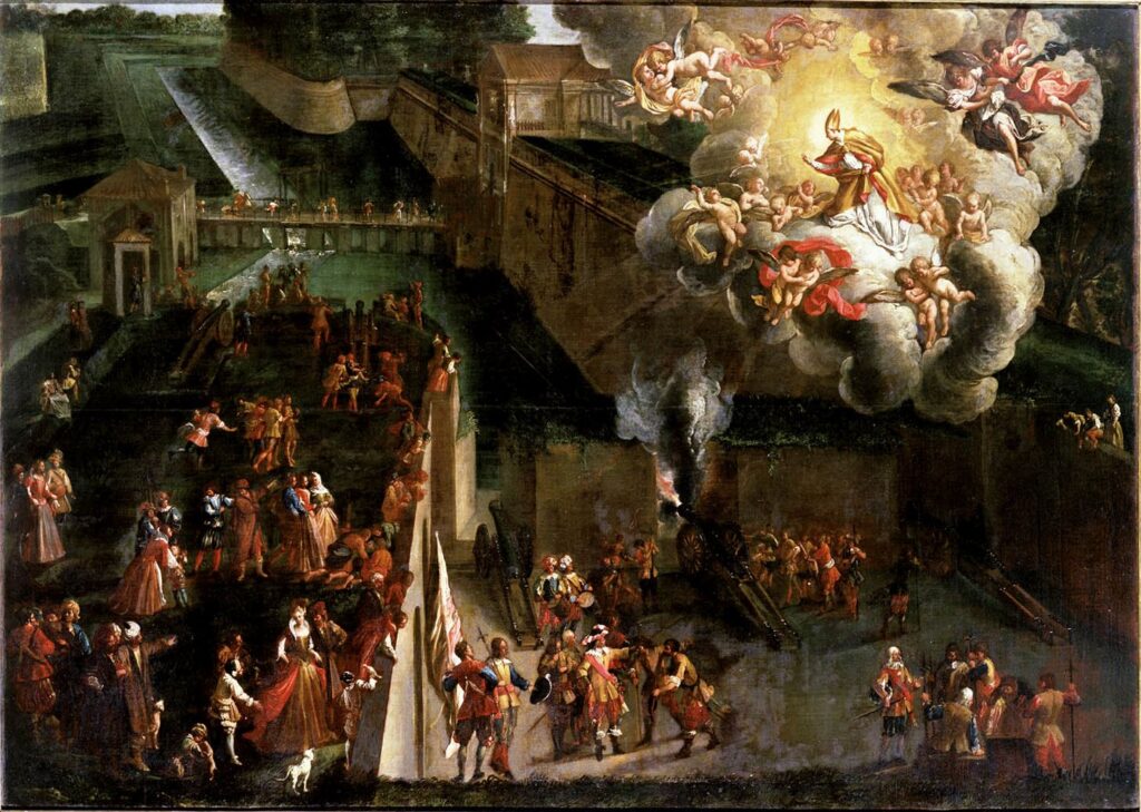 Particolare del dipinto del "Miracolo di San Paolino". Ci sono gruppi di persone sulle Mura di Lucca in abiti seicenteschi. In primo piano la piazza d'arme dove alcuni militari fanno sparare i cannoni. Sulla sinistra e sulla destra gruppi di persone guardano la scena sporgendosi dai muretti di contenimento della piazza del balaurdo e della passeggiata.