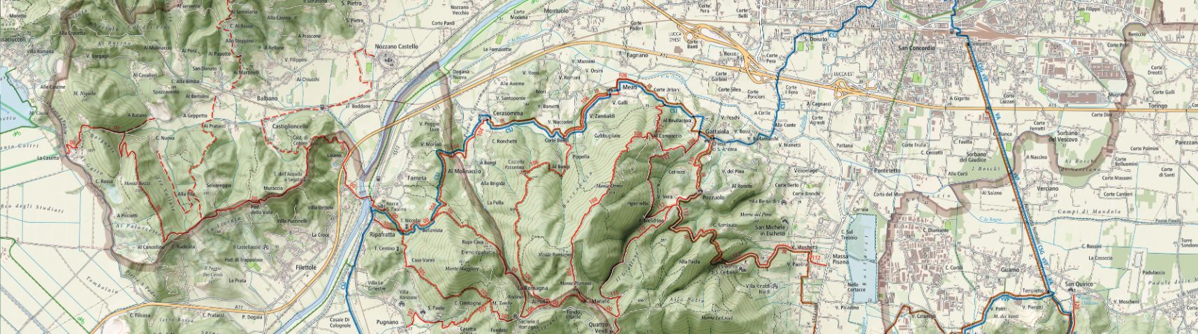 mappa di Lucca trek dei percorsi tra castelli e fortificazioni, di itinera romanica e della via degli acquedotti