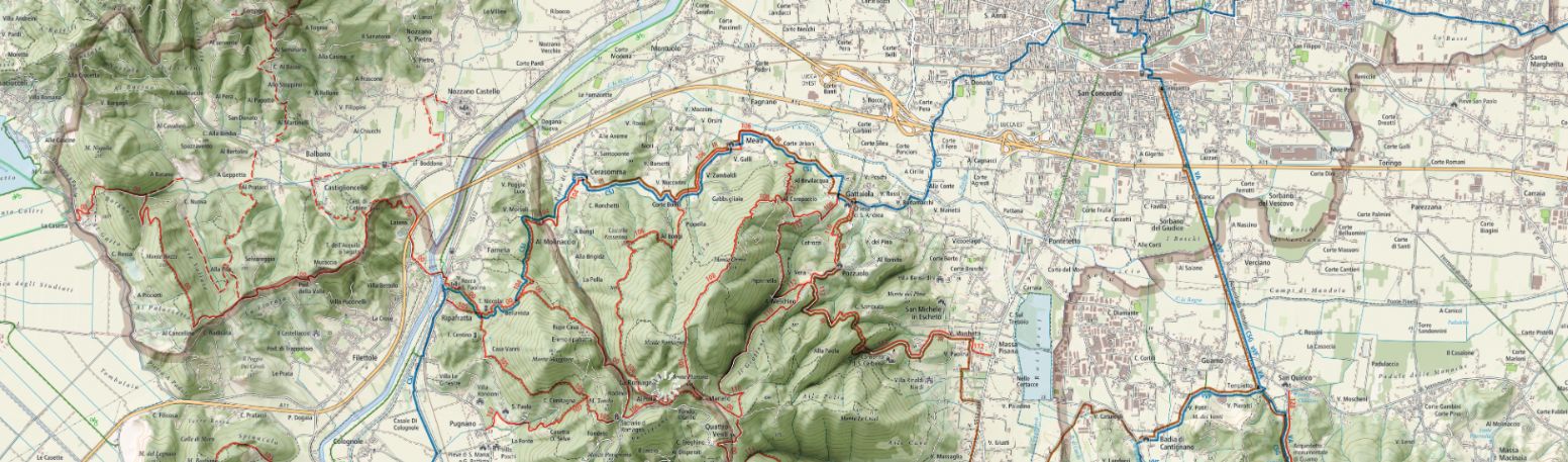 mappa di Lucca trek dei percorsi tra castelli e fortificazioni, di itinera romanica e della via degli acquedotti