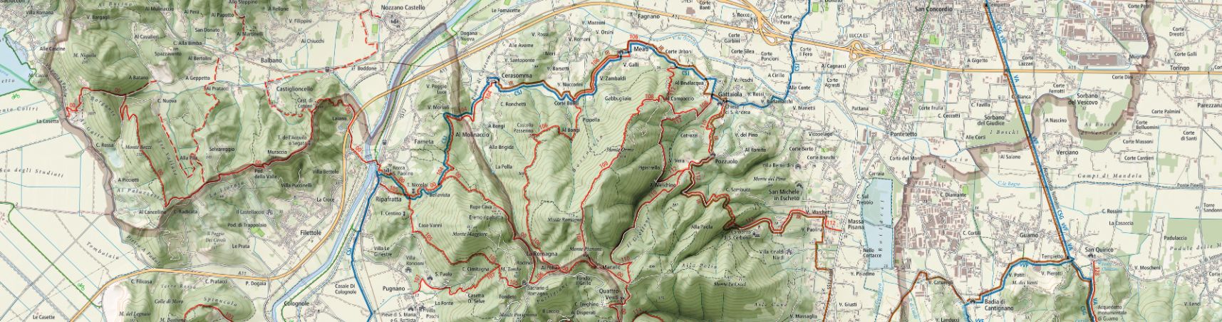 mappa di Lucca trek dei percorsi tra castelli e fortificazioni, di itinera romanica e della via degli acquedotti