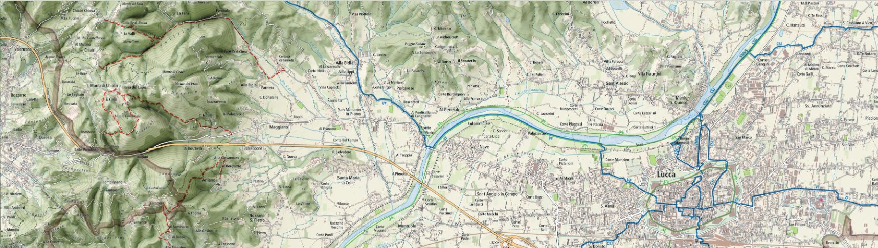 mappa di Lucca trek dei percorsi dell'Oltreserchio