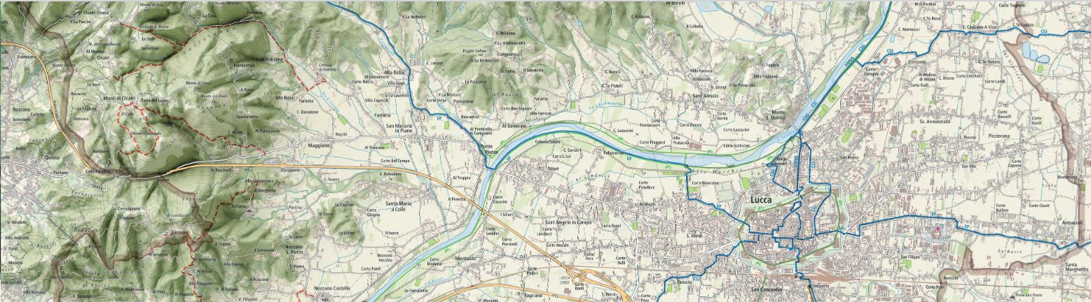 mappa di Lucca trek dei percorsi del cammino di san jacopo e del parco fluviale del Serchio ciclopedonale Puccini
