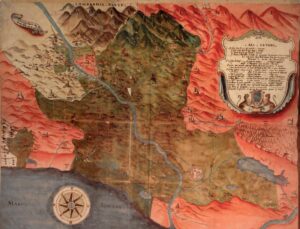 Disegno d'archivio del '700 raffigurate una mappa del territorio di Lucca attraversato dal Serchio e circondato dai monti. Ci sono piccoli disegni che rappresentano i principali borghi e castelli e il lago di Sesto. C'è anche una legenda (illeggibile).