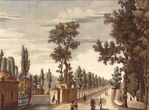 Stampa storica del pubblico passeggio sulle Mura di Lucca appena realizzato con i nuovi viali alberati.