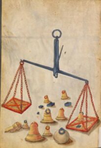 disegno dell'Archivio storico raffigurante un bilancino con diversi pesi.