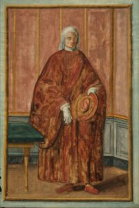 disegno d'archivio raffigurante un gonfaloniere del '600, che indossa tonaca, guanti e parrucca. In mano ha un cappello con guarnizioni.