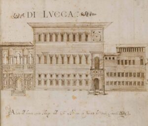 documento dell'Archivio storico con il disegno a tratto di palazzo Ducale di Lucca. Sul documento c'è scritto: Di Lucca. Alzata .