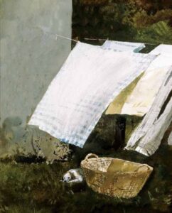 dettaglio di un dipinto raffigurante panni stesi ad asciugare, un cesto per raccogleierli e un cane che aspetta.