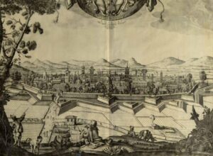 veduta delle Mura di Lucca a volo d'uccello dal lato sud in un disegno del '700. In sequenza i rilievi del monte con un personaggio seduto, gli spalti delle Mura con il fossato, le Mura con i bastioni, la città con le torri e i campanili, le colline del morianese e dell'Appennino