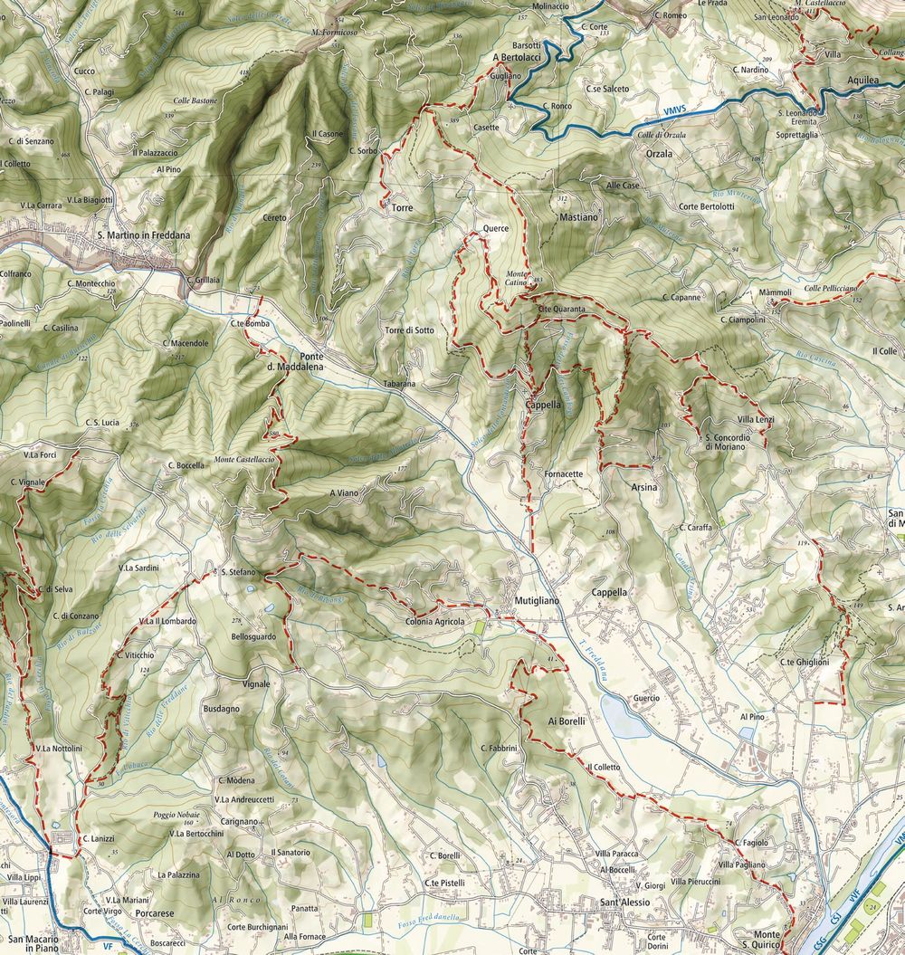 mappa dei percorsi di Lucca trek attraverso la valfreddana sulle colline di Lucca