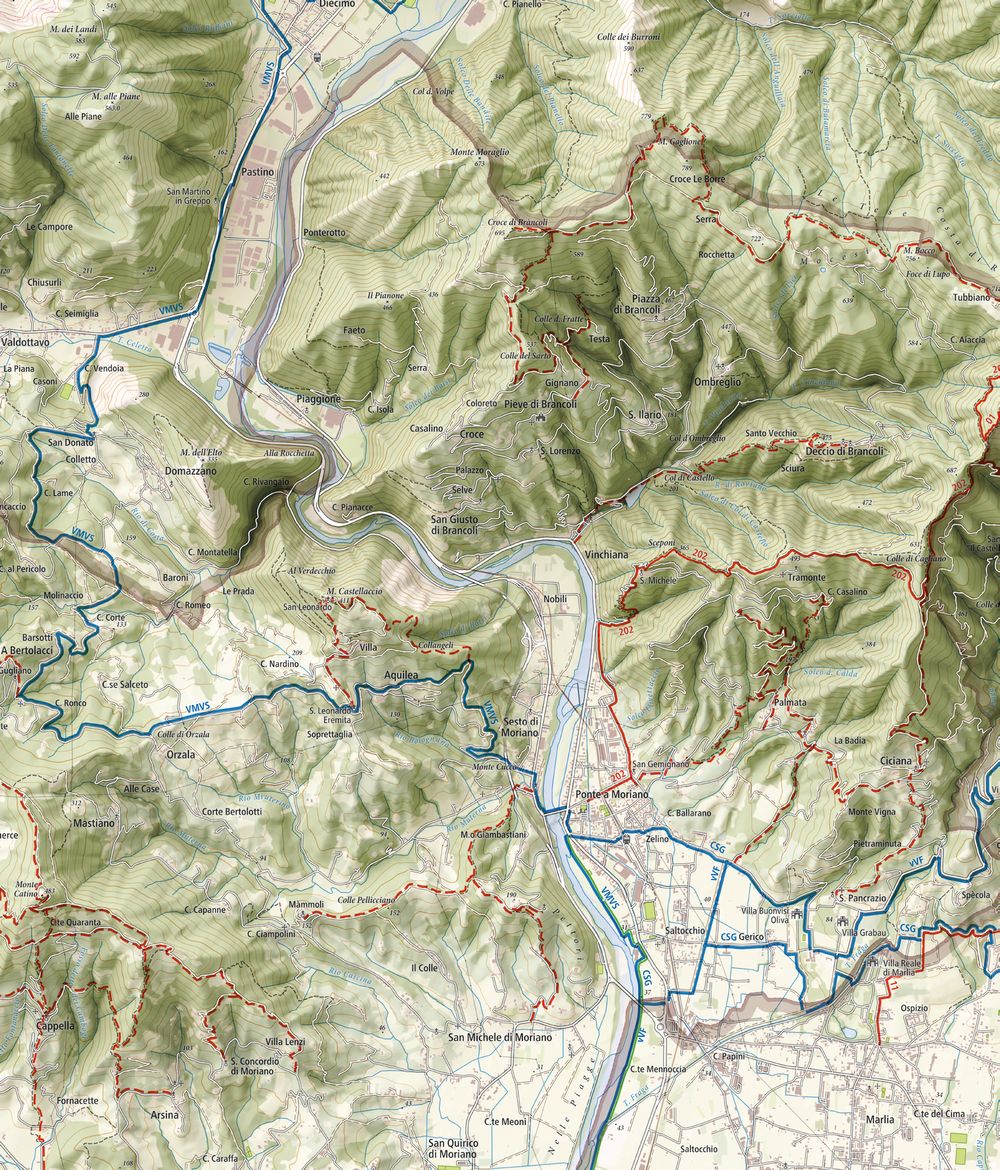 mappa di Lucca trek dei percorsi dei colli del morianese sulle colline di Lucca