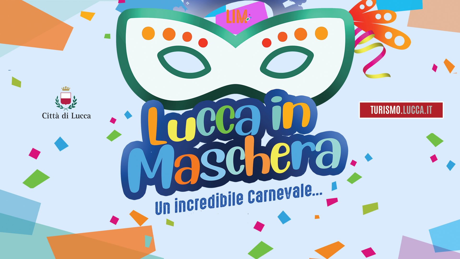 logo di Lucca in Maschera. Una mascherina con profilo verde, coriandoli e la scrittta: 
