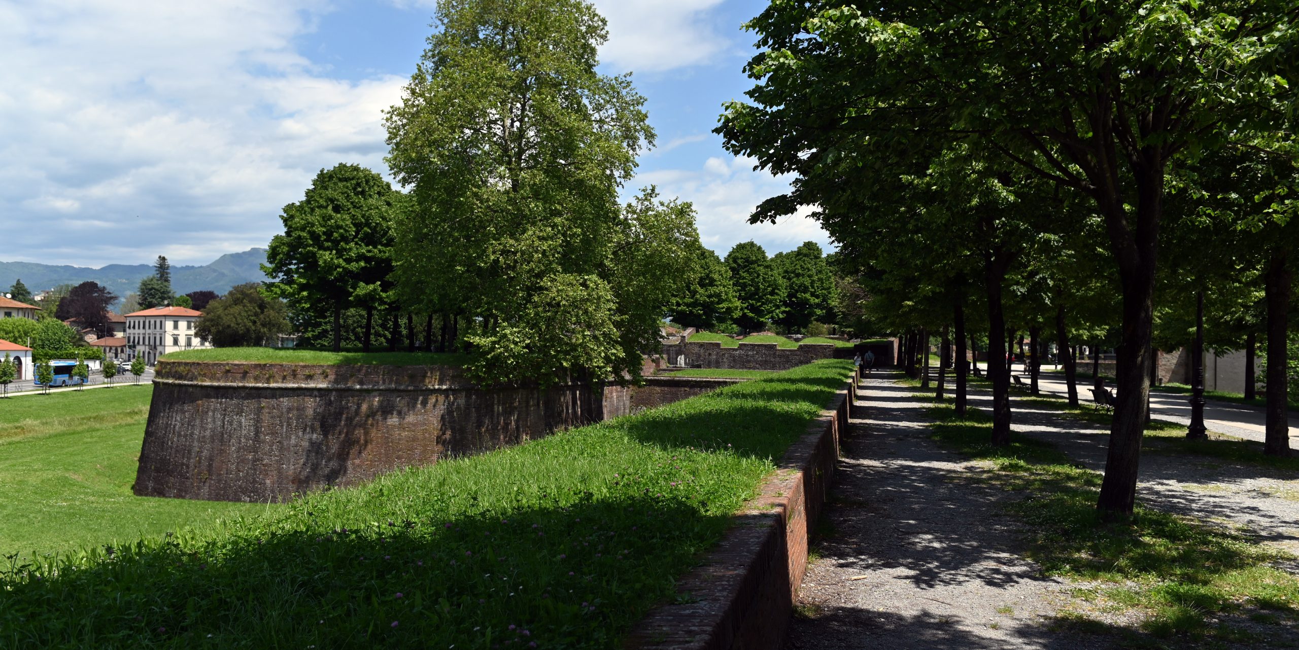 Passeggiata delle Mura di Lucca con viali alberati. Sullo sfondo il baluardo San Martino