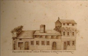disegno dell'archivio di Lucca raffigurante l'edificio della fonderia e il seguente testo "facciata di mezzogiorno della fonderia carratore e fabbro
