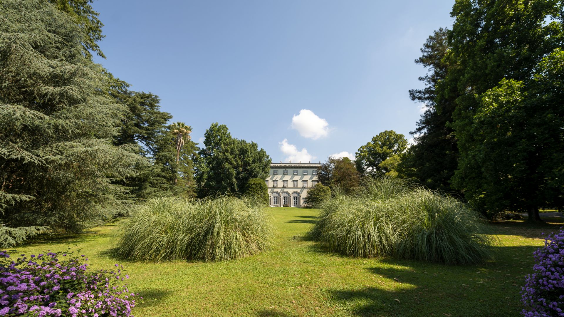 Villa Grabau di San Pancrazio immersa nel verde del parco, sotto il cielo azzurro d'estate. In primo piano cisono cespugli di piante fiorite ealtri di graminacee. ai lati grandi alberi e al centro, sul fondo la villa con loggia ed arcate al piano inferiore e finestre ai due piani superiori,