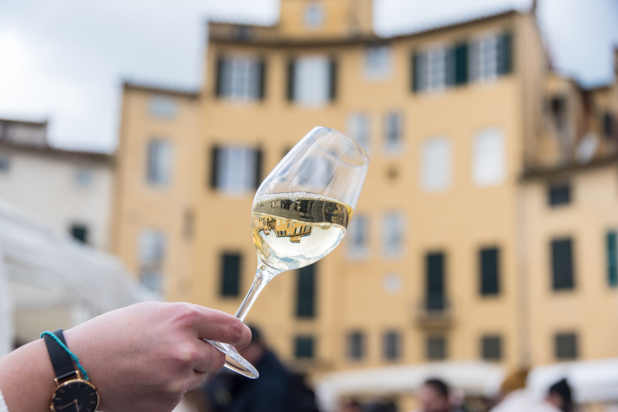 In primo piano, il profilo della piazza Anfiteatro si rispecchia nel vino bianco contenuto nel calice, sorretto da una mano femminile.