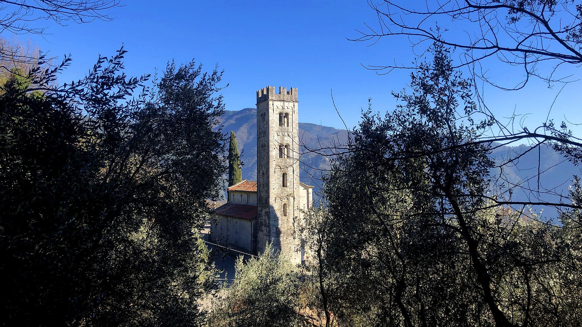 panorama con la Pieve di San Giorgio di Bancoli e il campanile, tra la vegetazione. Sul fondo i monti del preappennino.