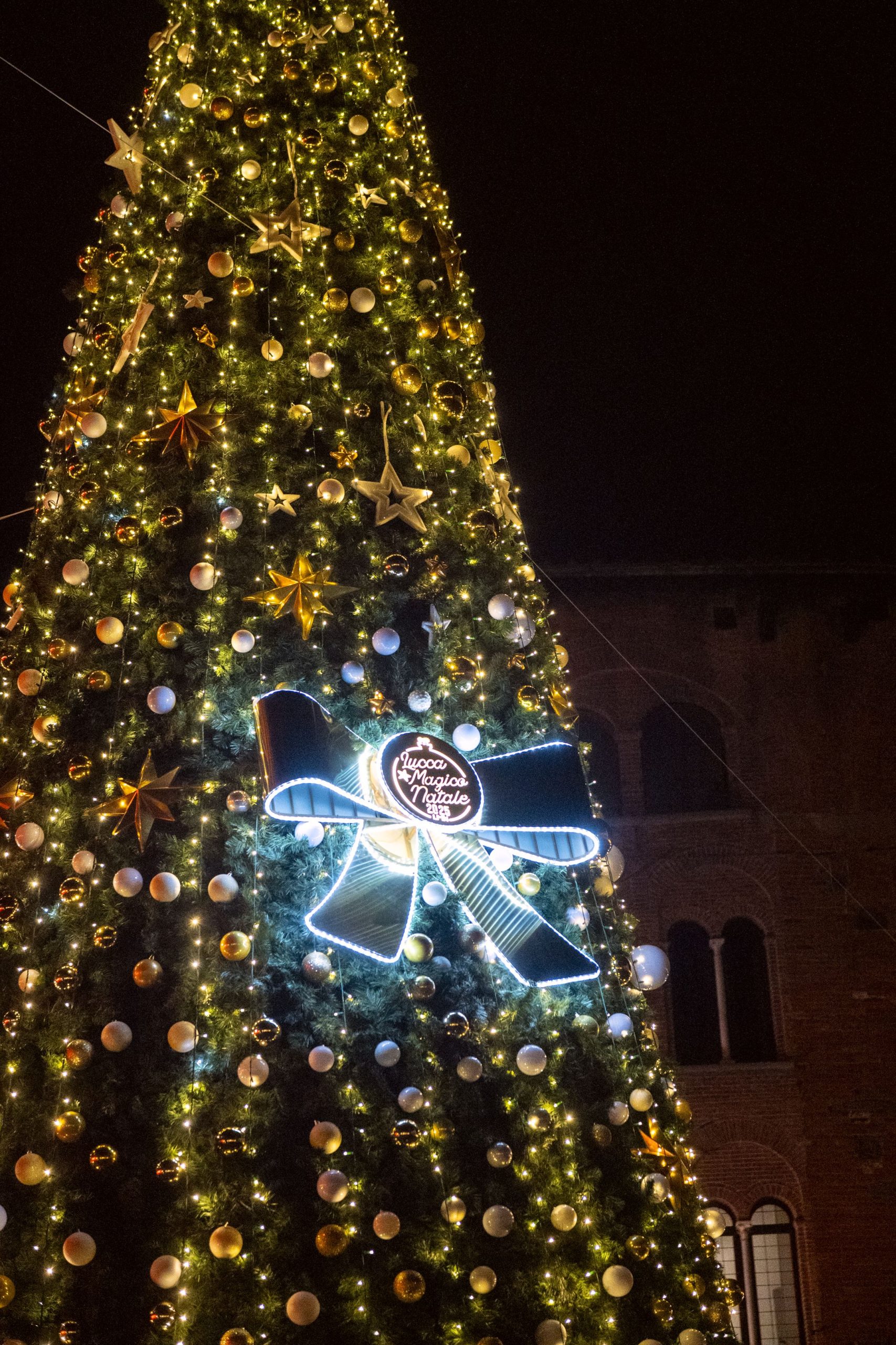 L'albero con addobbi e luci di Lucca Magico Natale