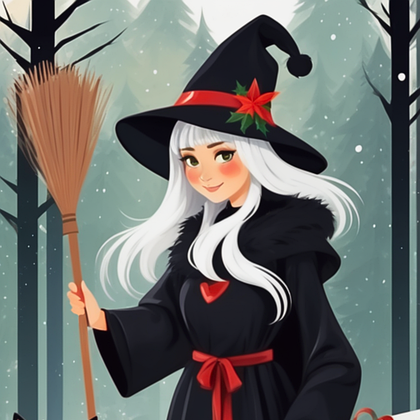 disegno che raffigura la Befana come una ragazza carina con i capelli bianchi, il cappello apunta e la scopa in un bosco d'inverno