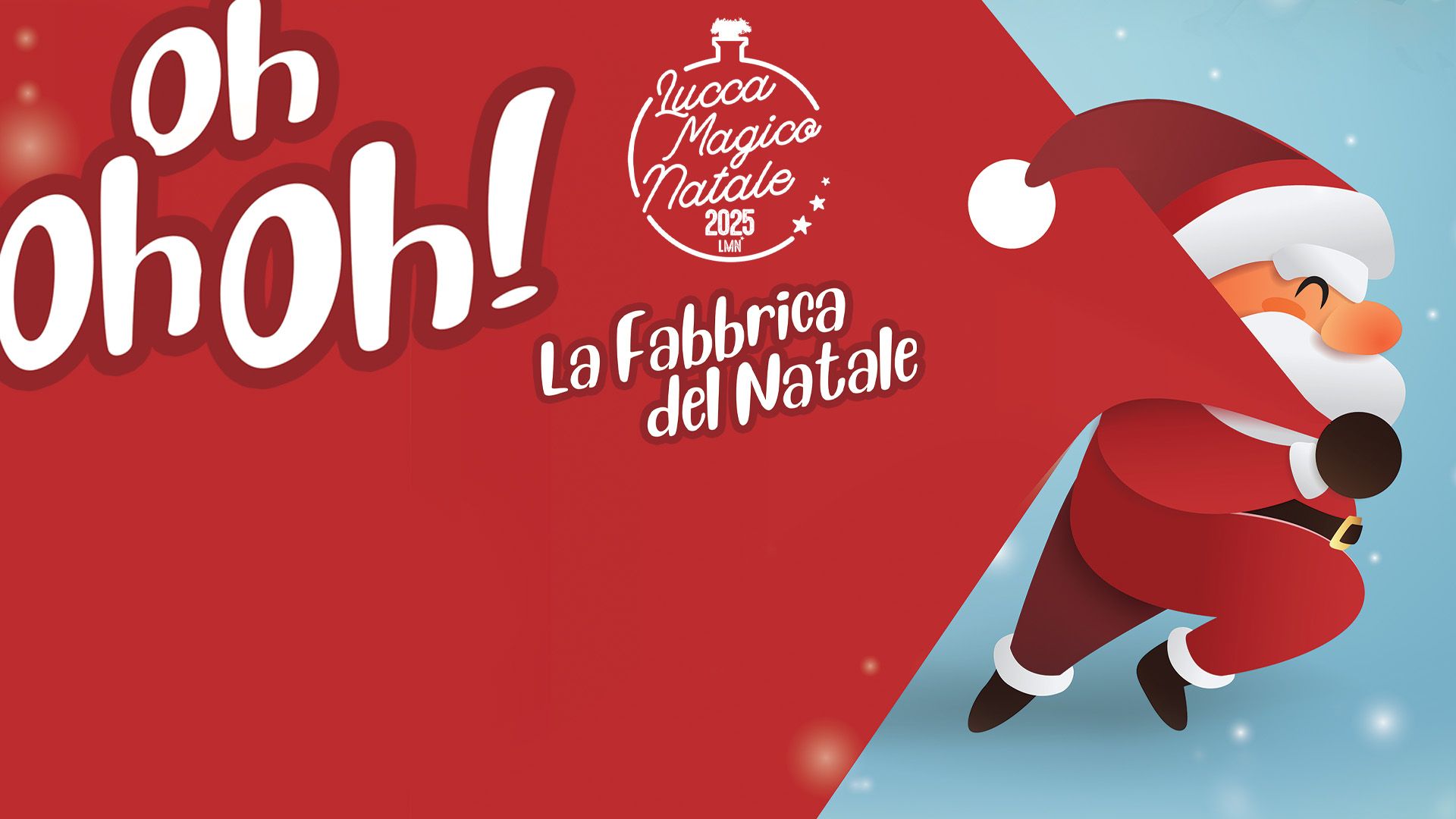 un disegno di Babo natale che trascina un grande sacco e la scritta oh oh oh La Fabbrica del natale