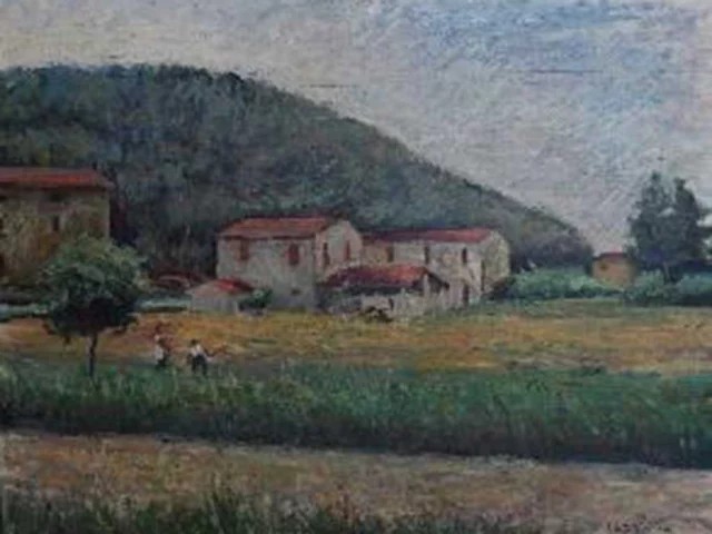 dipinto dellacampagna di massarosa con case e campi. sullo sfondo il Monte Pisano