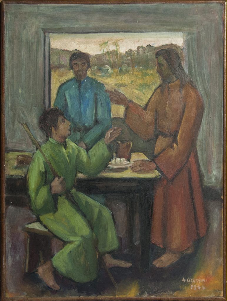 cena di Emmaus, tre figure maschili indossano una tonaca, Sono intorno a un tavolo, davanti a una finestra. Uno e seduto