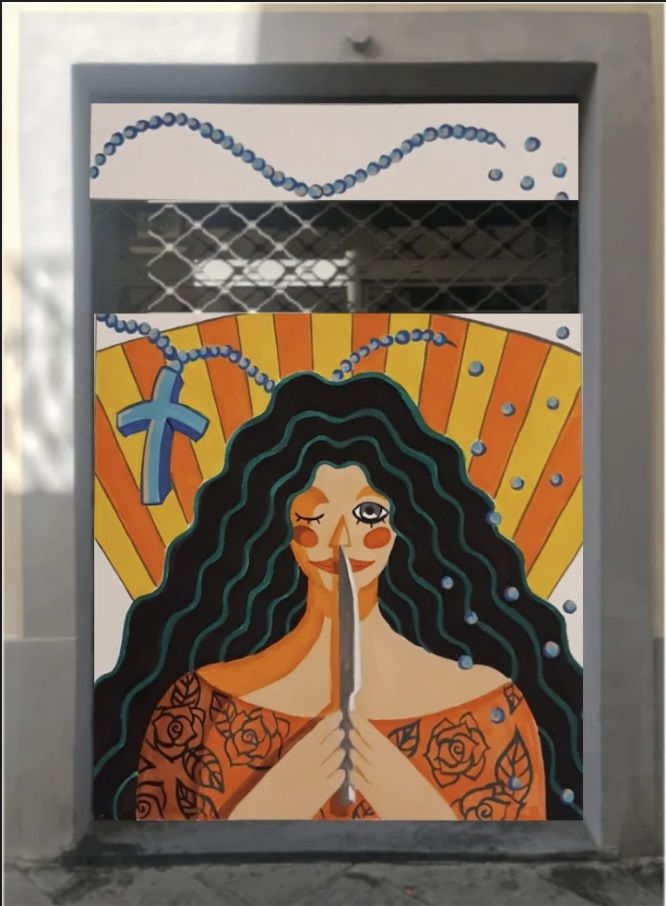 disegno con il ritratto in stile pop di turandot su una saracinesca di lucca