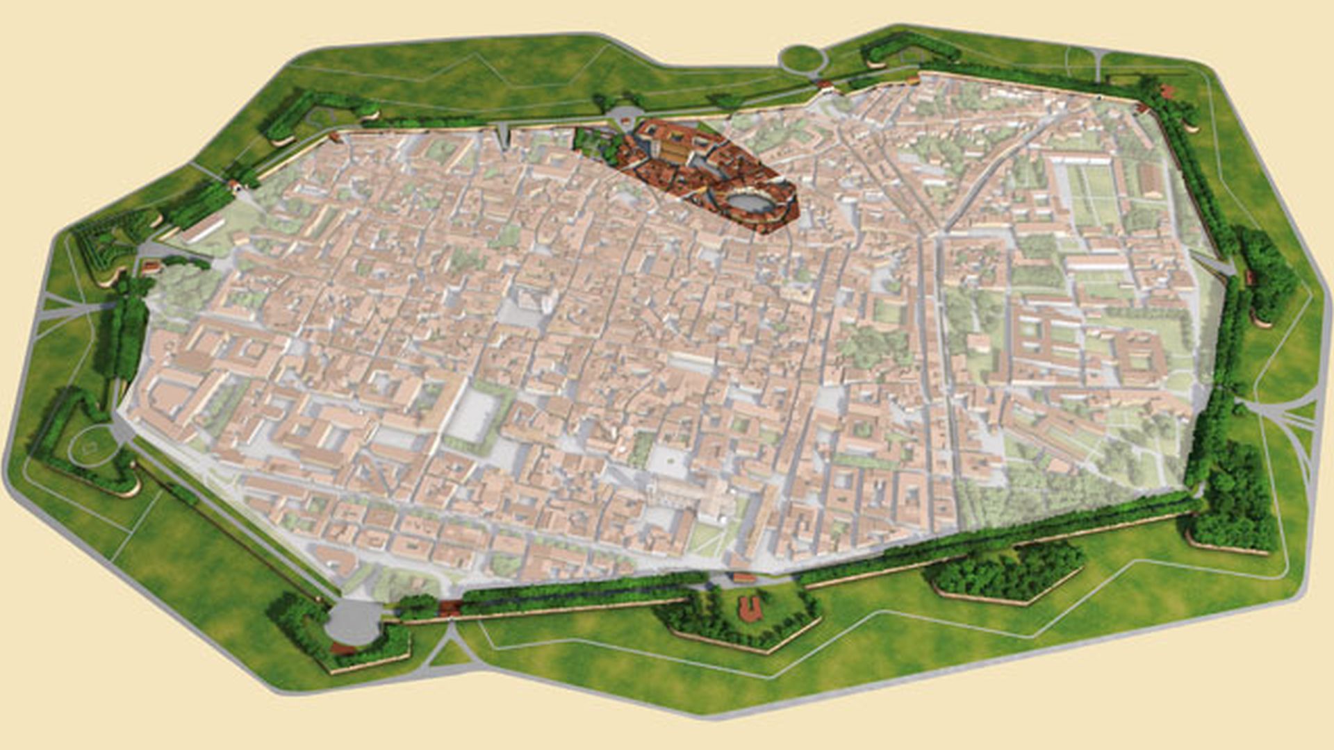 disegno prospettico deella città di lucca dall'alto con la zona dell'anfiteatro in evidenza