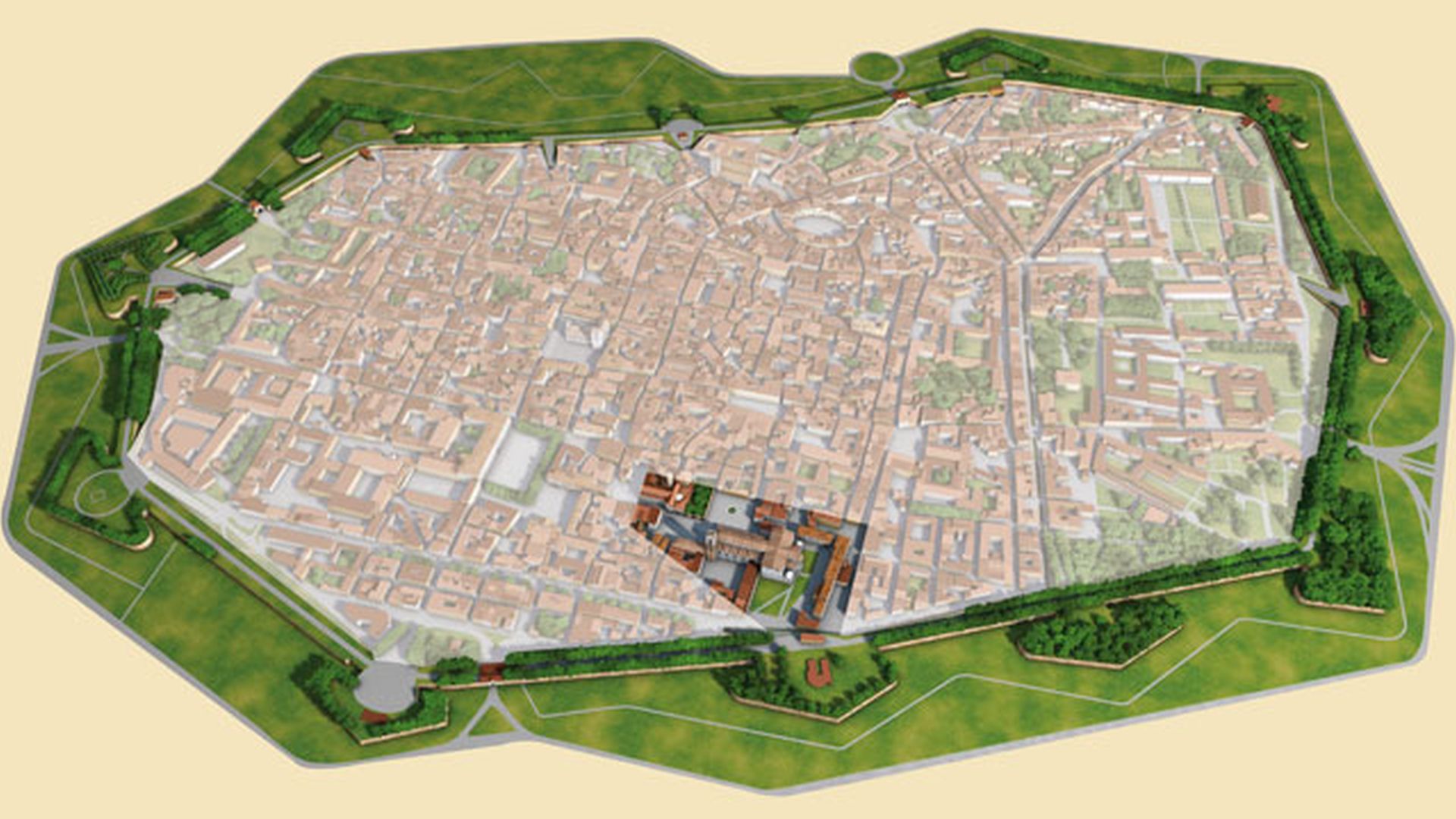 disegno prospettico deella città di lucca dall'alto con l'area della cattedrale in evidenza