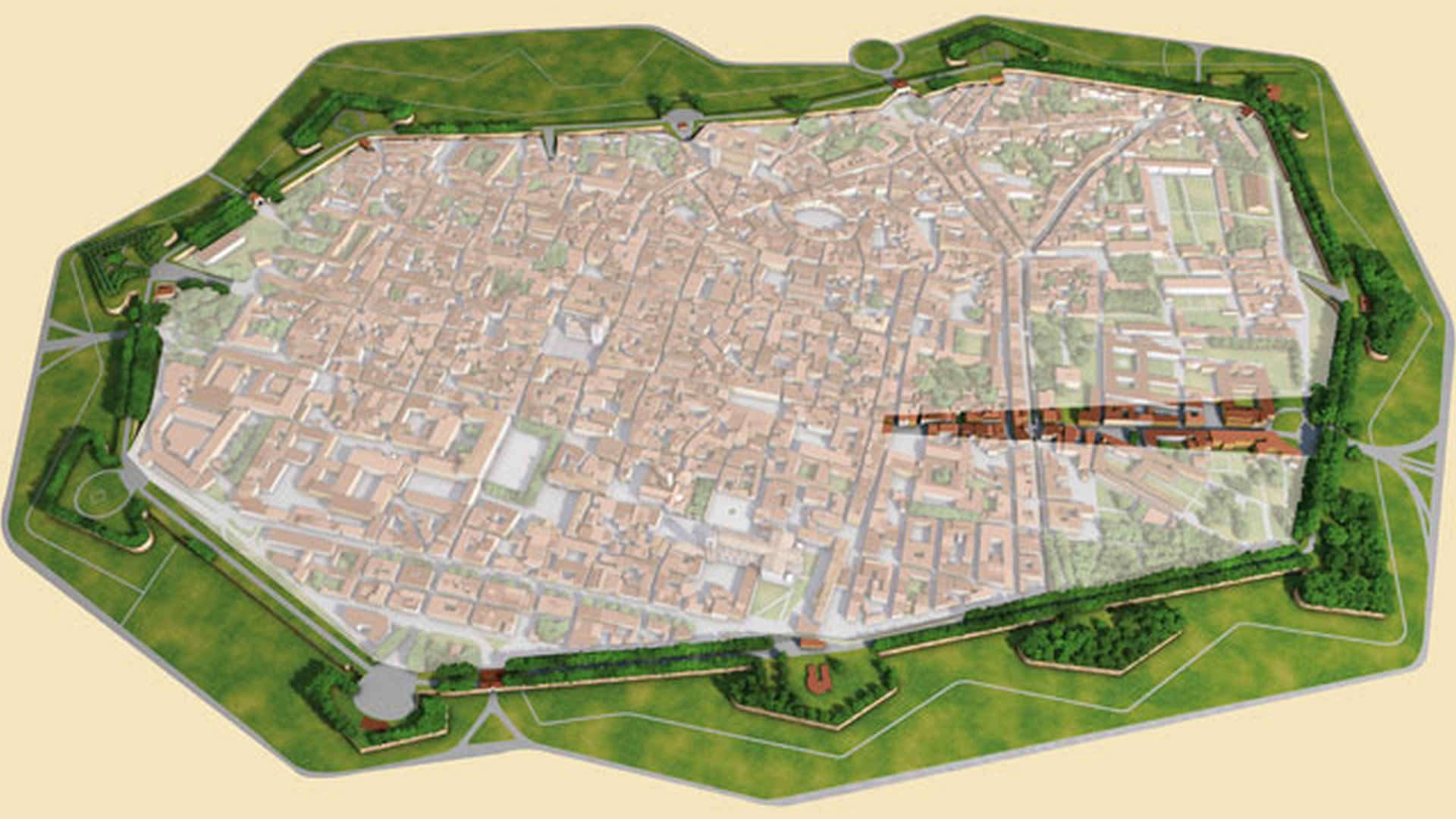 disegno prospettico deella città di lucca dall'alto con la zona di piazza Napoleone, piazza San Michele in evidenza