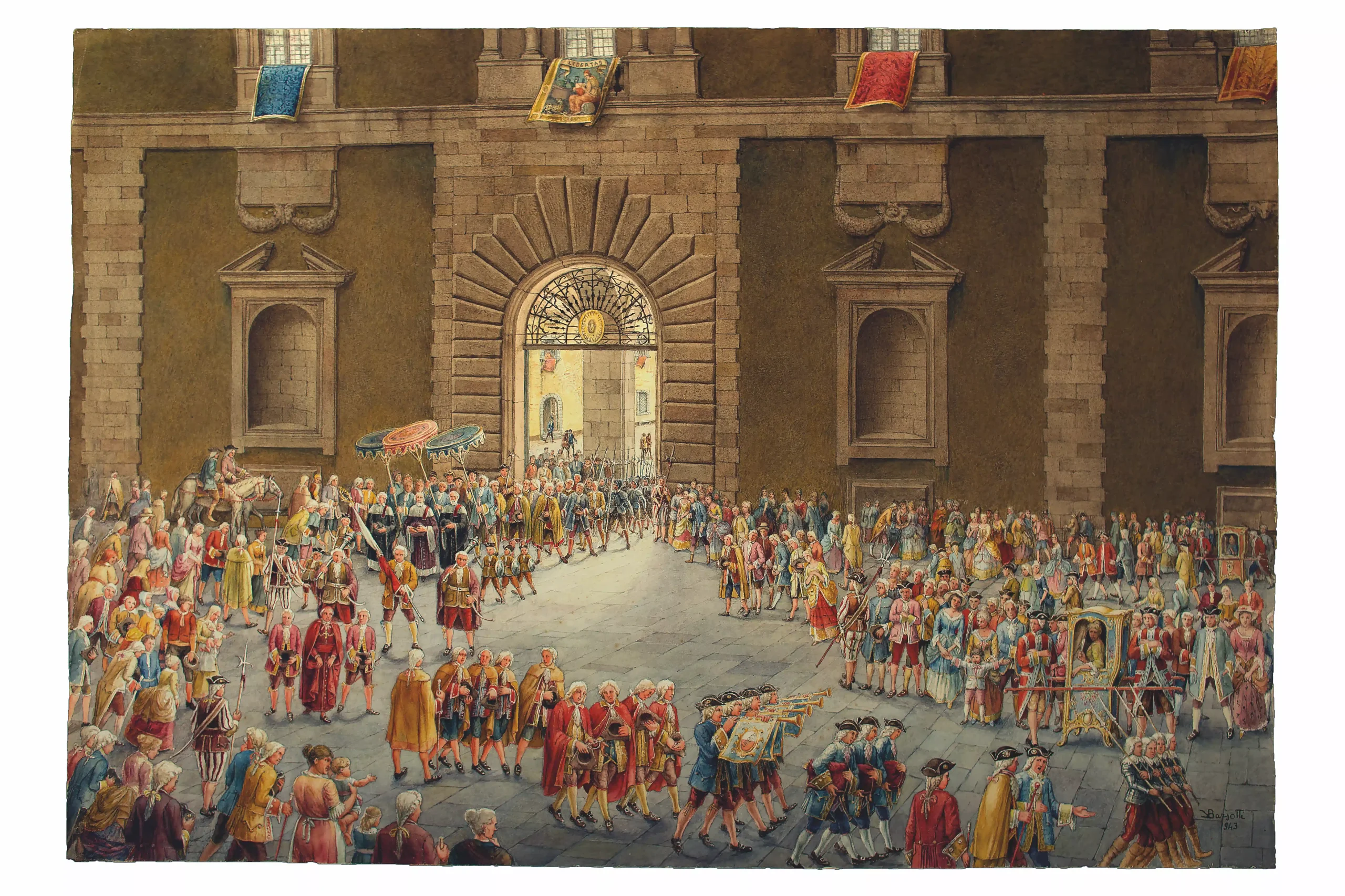 disegno del palazzo degli anziani nel 1500 dall'Archivio di Stato di Lucca. Davanti al palazzo degli Anziani sfilano dei personaggi in abiti eleganti mentre la gente del popolo li guarda