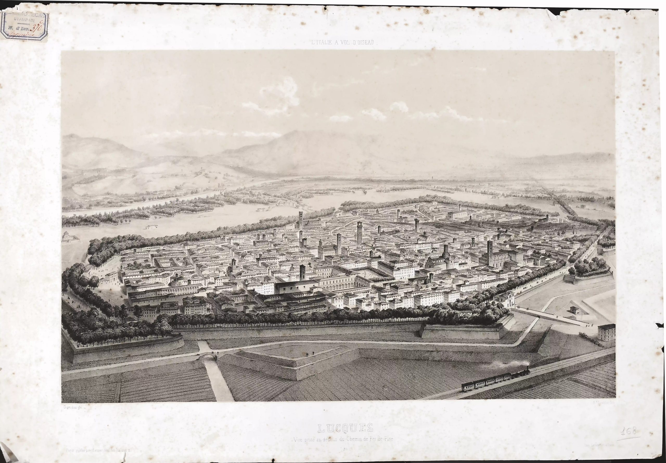 panorama a volo d'uccello dela città di Lucca nell'800. IN primo piano la linea ferroviaria