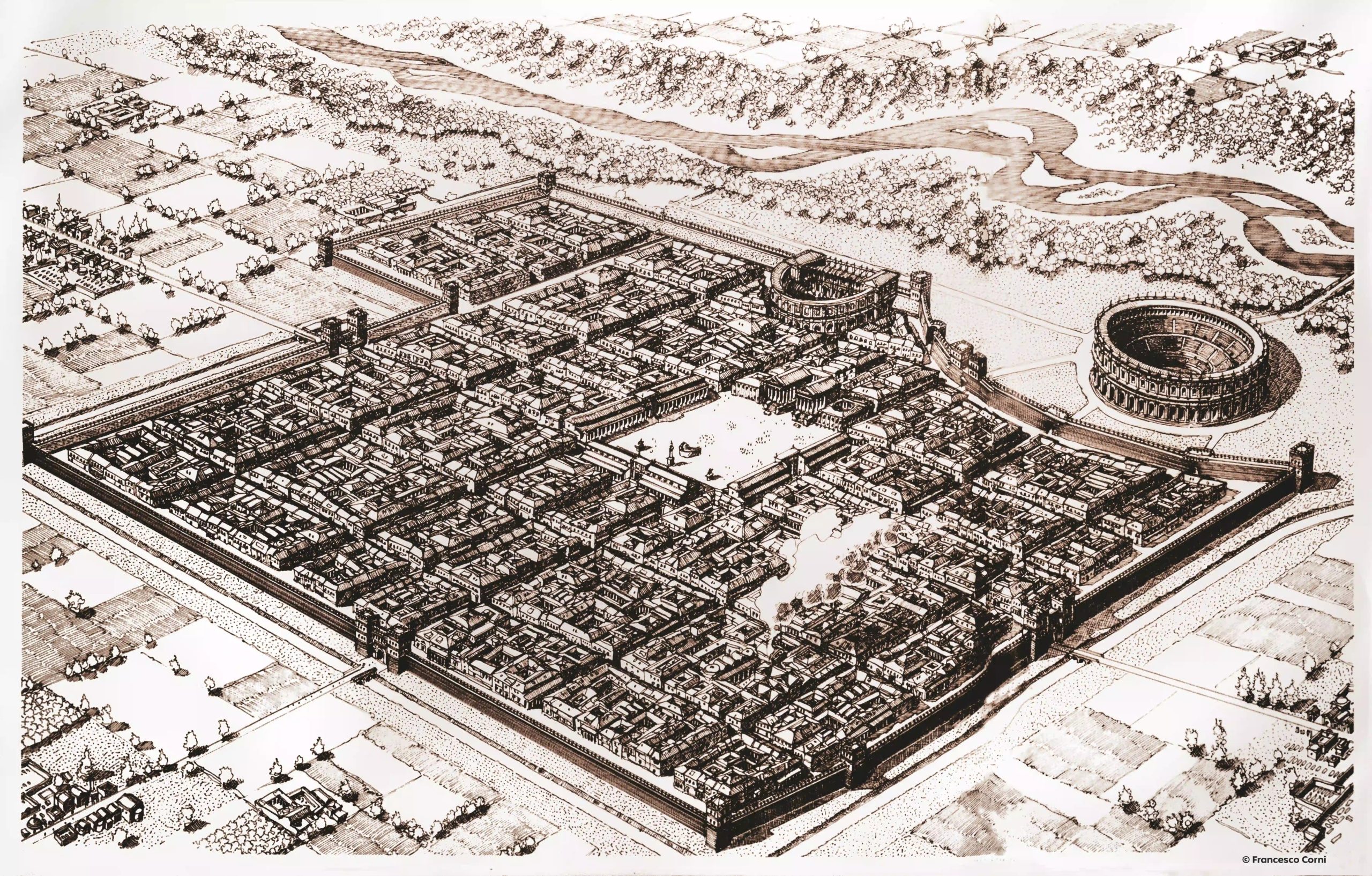 disegno a volo d'uccello delle mura di lucca in epoca romana