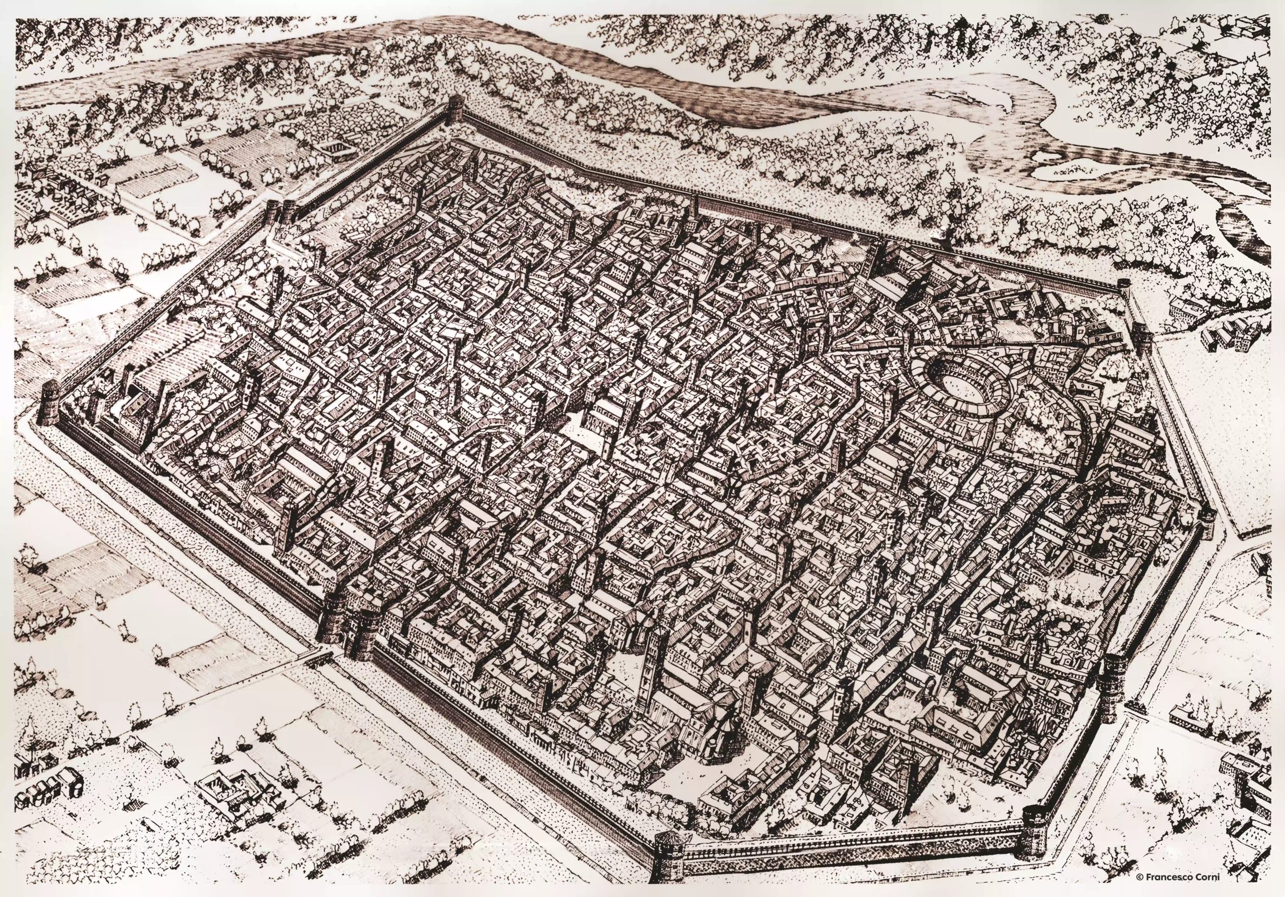 disegno delle mura di Lucca a volo d'uccello.