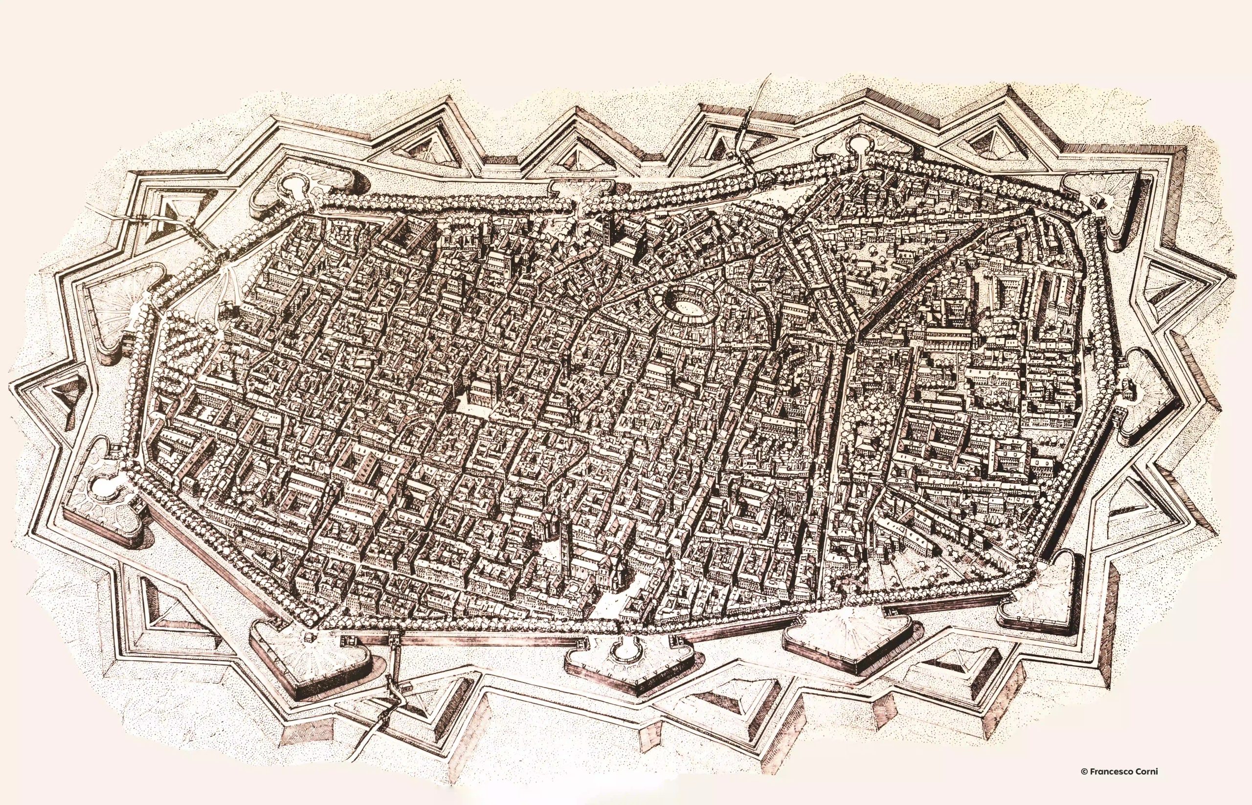 disegno a volo d'uccello delel mura rinascimentali di Lucca