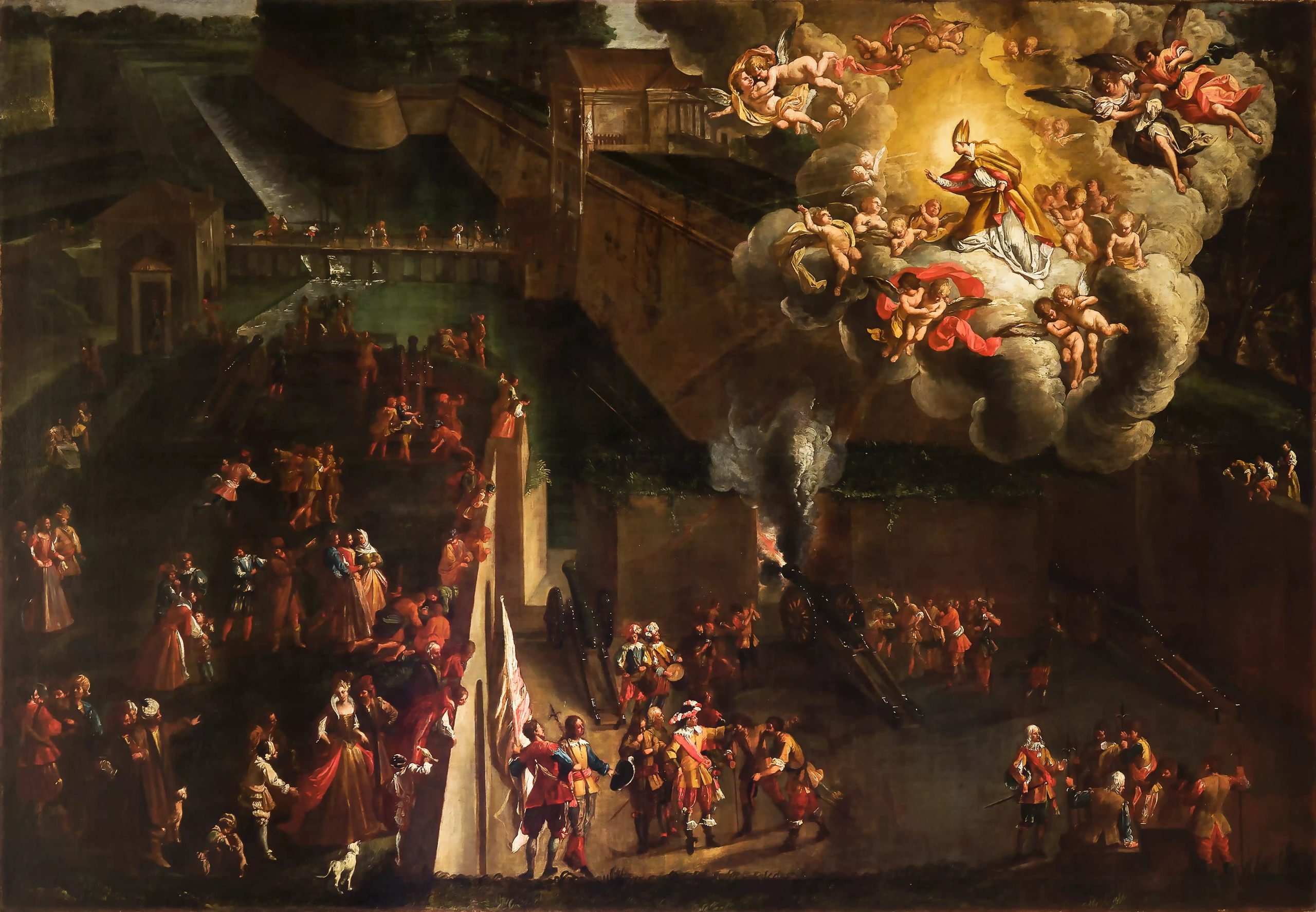 dipinto raffigurante il miracolo di san paolino sulle mura di lucca. sulla sinistra un gruppo di persone guarda dal baluardo un gruppo di soldati nella piazza d'arme, poco più in basso, mentre sparano colpi di cannone verso il ponte di porta san donato. sulla sinistra, in alto sopra una nuvola, san paolino ferma le palel di cannone