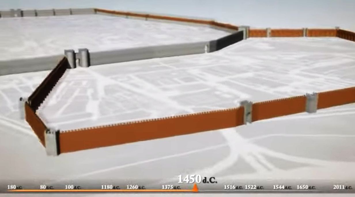 disegno della costruzione delle Mura di Lucca con la linea del tempo che indica 1450 dc