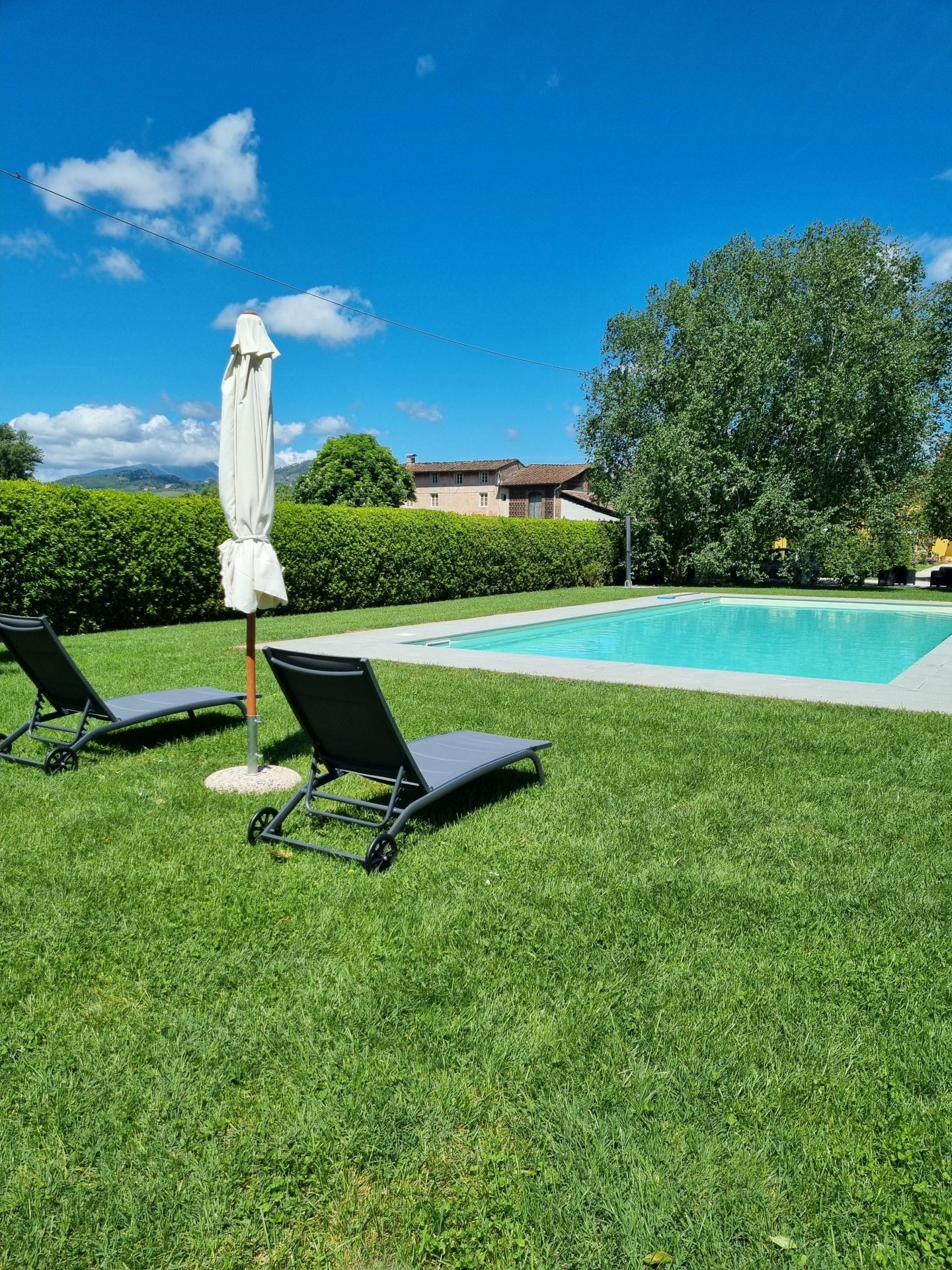 giardino con piscina sul prato e ombrellone