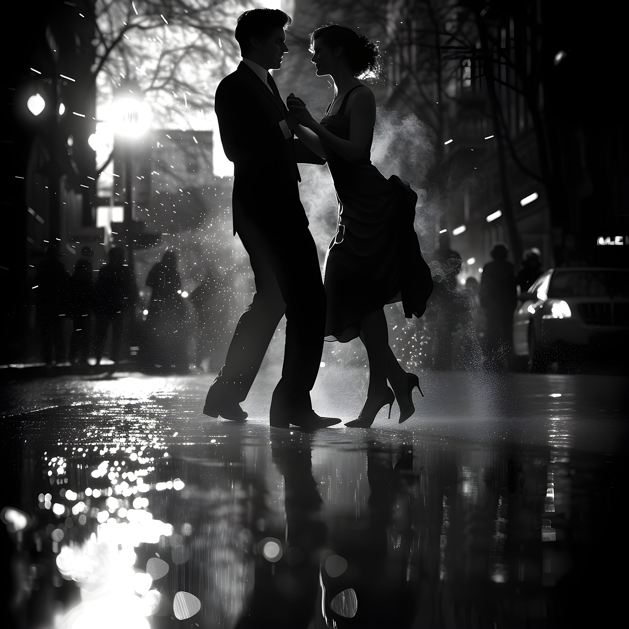 in una strada, un uomo e una donna ballano sorridendo sotto la pioggia. Lei indossa un abito elegante con tacchi alti. Lui indossa un abito scuro elegante. IN lontananza alcune persone li guardano