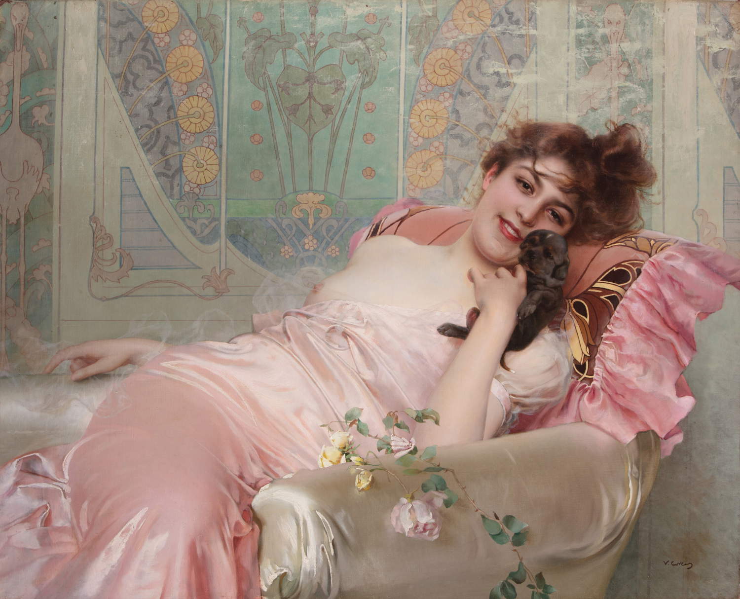 dipinto di giovanni boldini, raffigura una donna seduta mollemente su un divanetto con un cagnolino in braccio